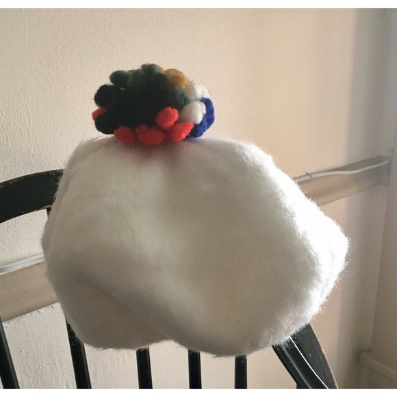 Vintage Beret White Felt With Pom Pom hat Ooh La La! - Picture 7 of 12